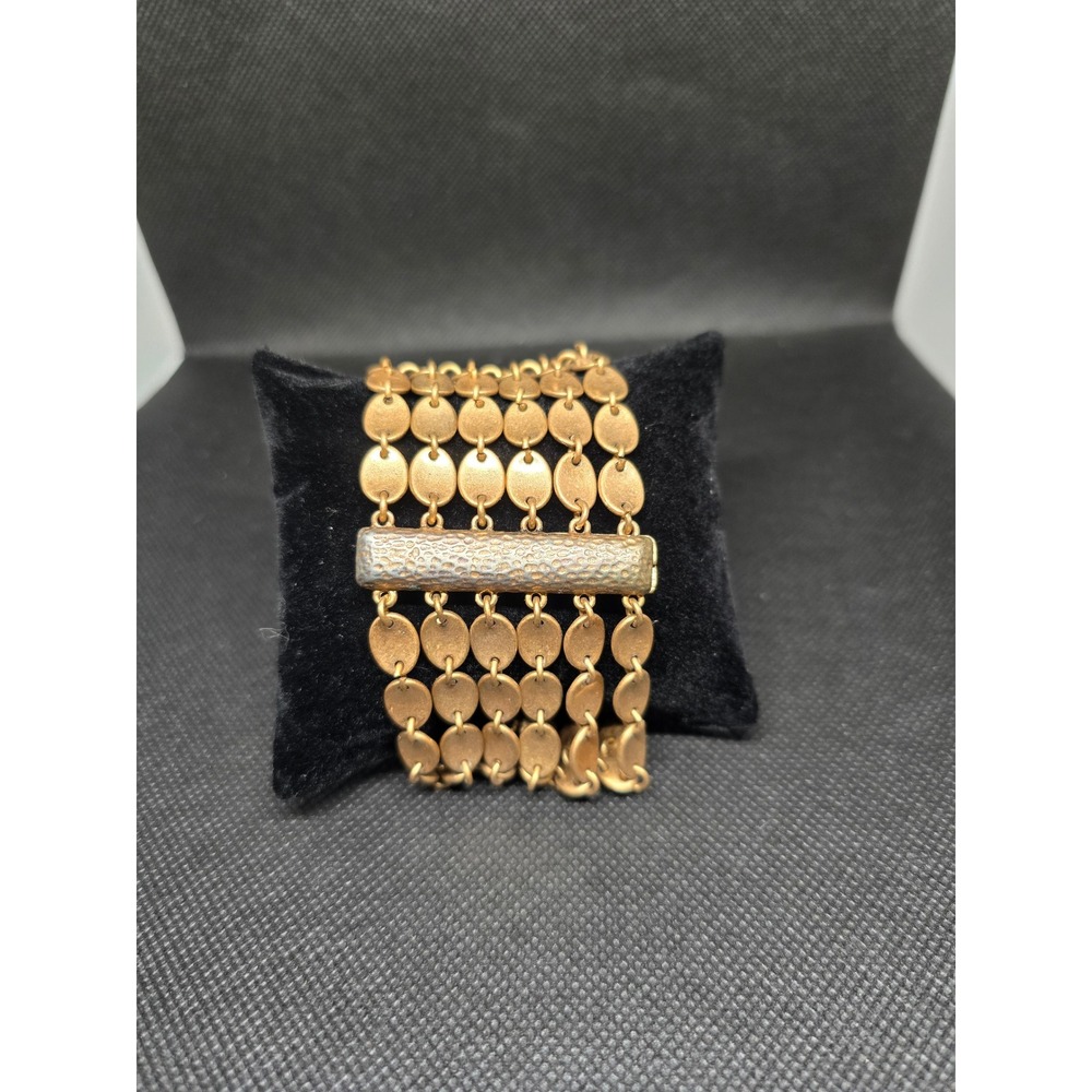 Gold-tone Multi Strand Oval Link Bracelet Textured Hammered Bar Statement Cuff